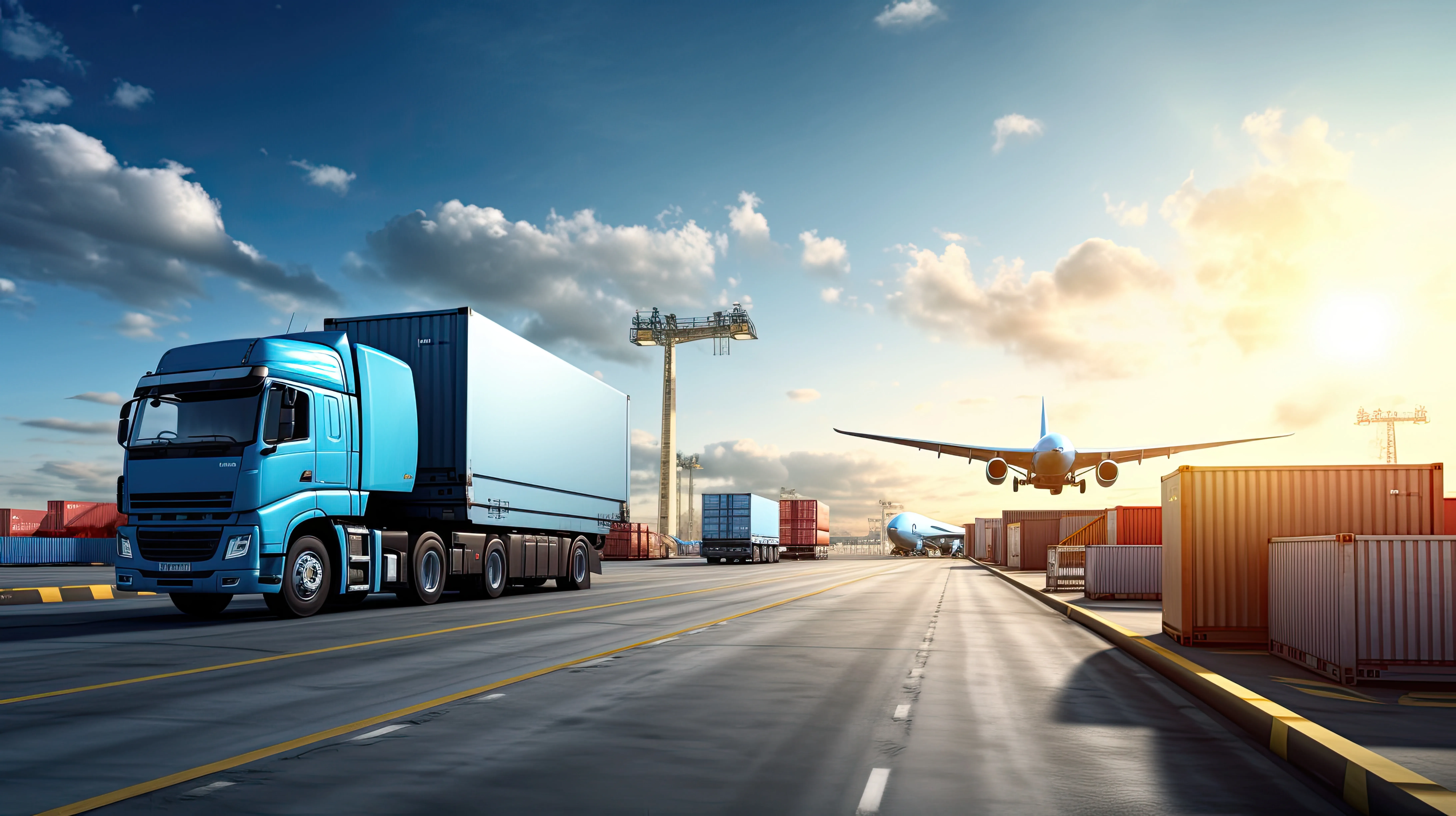 Global logistics with cargo truck, freight plane, and shipping containers at golden hour