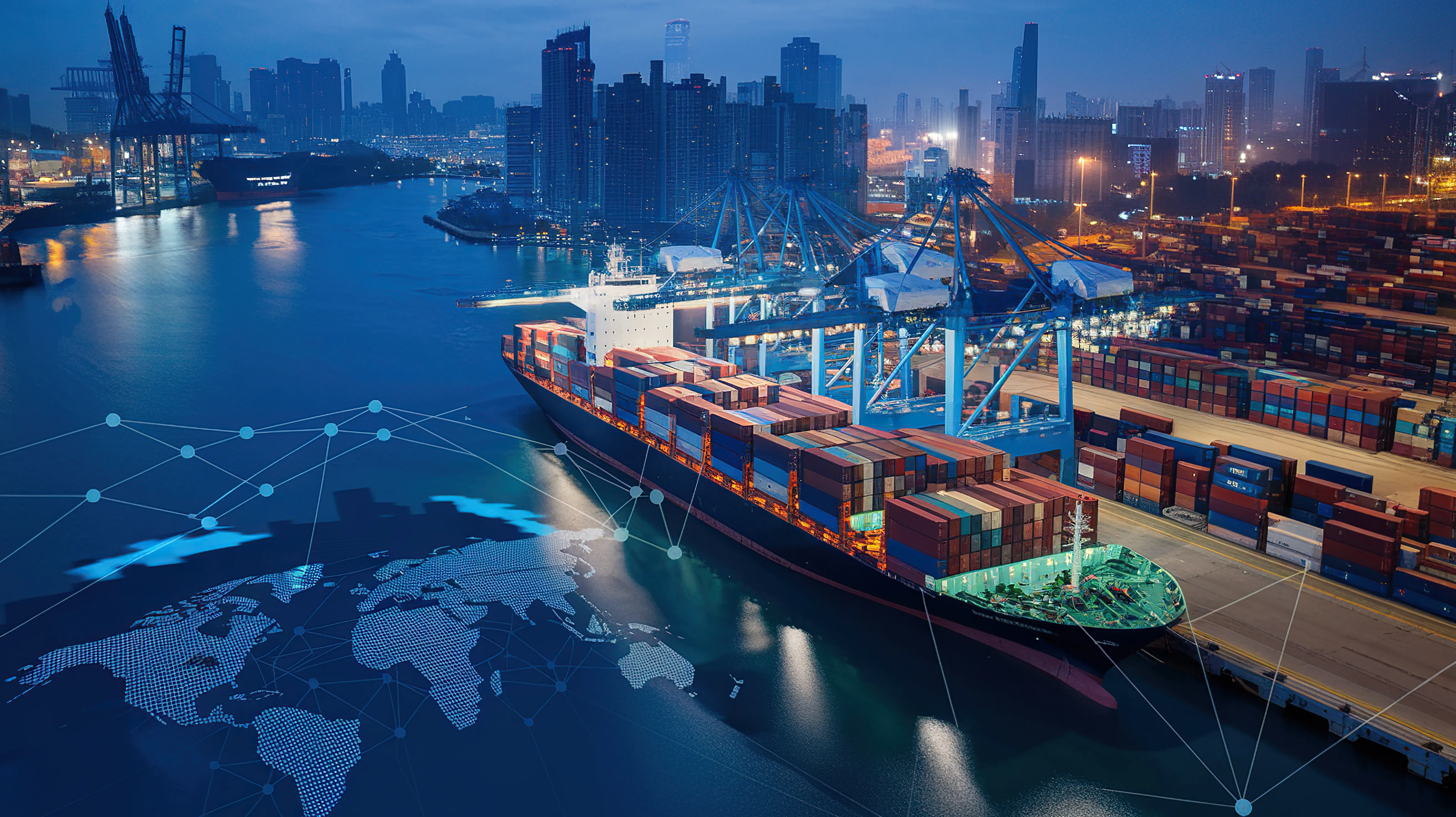 Nighttime global port with cargo ship, containers, and city skyline — Inter Console Shipping